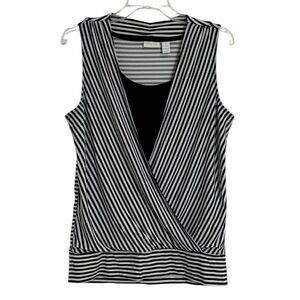 Chico’s Size 1 Medium Black and White Striped Sleeveless Surplice Top Size M🔥